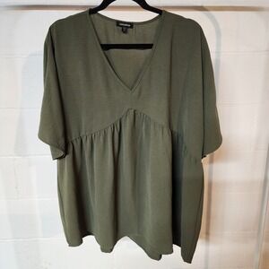 Mitto Shop Olive Green V Neck Babydoll Tunic Top Plus‎ Size 1X Bohemian Flowy